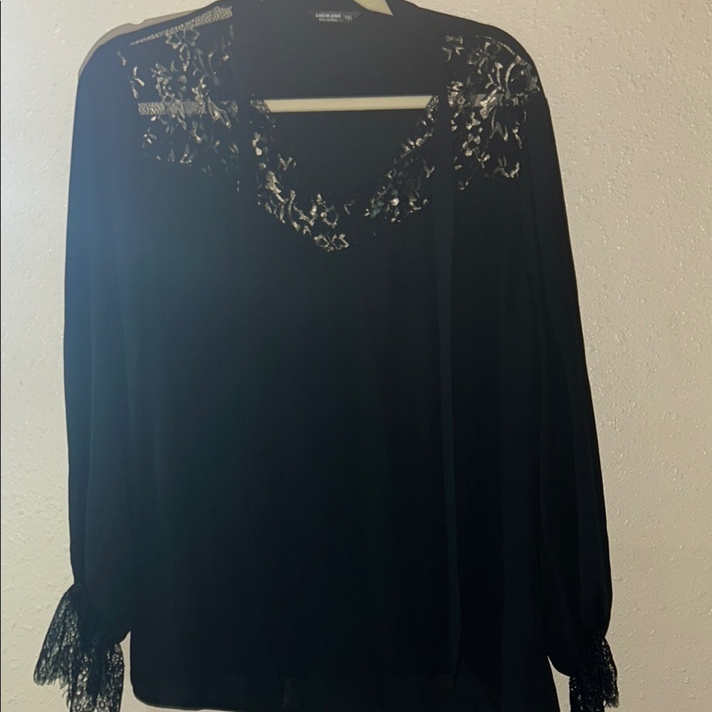 Black Embellished Blouse with Long Sleeves